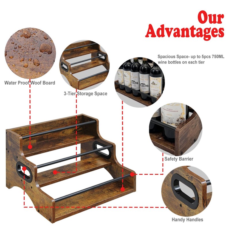 AT-VALY 3-Tier Liquor Bottle Display Shelf, Iron&MDF Countertop Wine Rack,