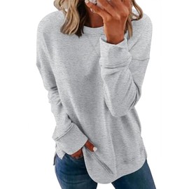 Smile Fish Women's Crewneck Sweatshirt Long Sleeve Side Split Tunic Tops Relaxed Fit Fall Shirts Cotton Blend Light Grey,S