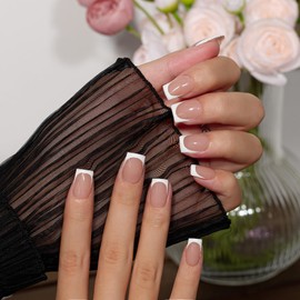 KQueenest White French Tip Press On Nails Short Medium Square, 30 Pcs Acrylic Press On Nails With Glue, Natural Nude Fake Nails Press ons, Reusable Glossy Soft Gel Glue on Nails for Women Weddings