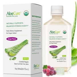 AloeCure USDA Organic Aloe Vera Juice Grape Flavor, Made Within 12 Hours of Harvest - Pure Aloe Juice For Natural Digestive & Immune Support, Naturally Supports Balanced Stomach Acidity, 500ml Bottles - BOTTLE QUANTITY: 6 BOTTLES