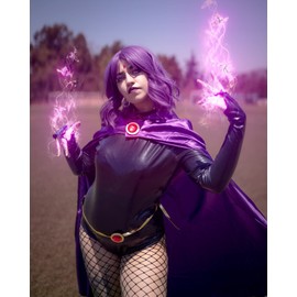 AYYOHON Raven Costume Rachel Cosplay Jumpsuit Womens Purple Cloak with Gem Waist Belt Chain Tights Accessories XL