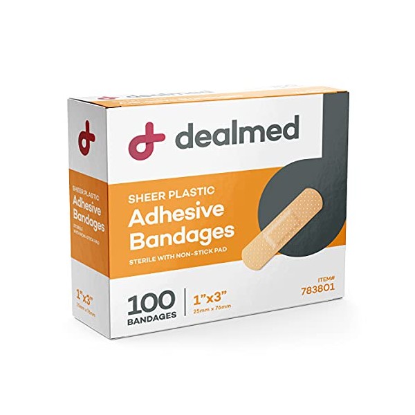 Dealmed Sheer Plastic Flexible Adhesive Bandages – 100 Count (1 Pack) Bandages with Non-Stick Pad, Latex Free, Wound Care for First Aid Kit, 1" x 3"