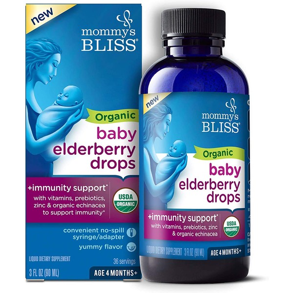 Mommy's Bliss Organic Baby Elderberry Drops, Immune Support with Vitamins, Prebiotics, Zinc & Organic Echinacea, Age 4 Months +, 3 Fl Oz (36 Servings)