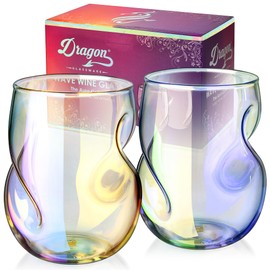 Dragon Glassware Stemless Wine Glasses - 16 oz Stemless Wine Glass Set with Finger Indentations - Set of 2 Iridescent Glassware - Aerates Naturally