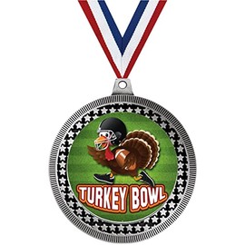 2.75" Turkey Bowl Award Medals, Silver Vega Turkey Bowl Team Trophy Awards Includes Free Neck Ribbon 5 Pack