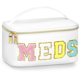 BuyCard Medicines Chenille Letter Bag Nylon Meds Makeup Pouch Preppy Path with Zipper and Handle Cosmetic Toiletry Storage Purse for Women White