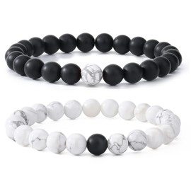MengPa Mens Beaded Bracelets Couples Matching Bracelet Set Matte Beads for Women Stone Jewelry (Howlite-White) US3691E