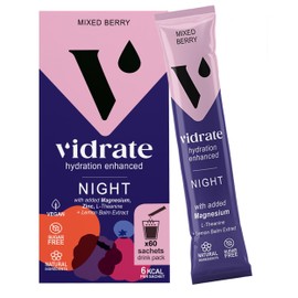 Vidrate Electrolytes Powder Hydration Sachets - Low-Calorie Hydration Powder Packs with Magnesium, Vitamins & Zero Sugar - No Artificial Sweeteners or Preservatives - 60 Night Time Mixed Berry Sachets