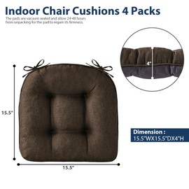 IASEAHK Chair Cushions for Dining Chairs, Seat Cushions for Kitchen Chairs, Indoor Seat Cushions with Ties, Tufted Foam Chair Pads, Non Slip Chair Cushions Set of 4, 15.5" x 15.5" x 4", Brown