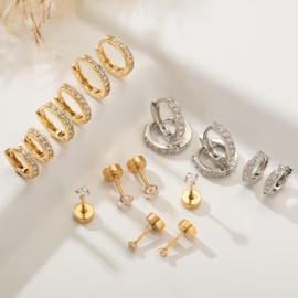 Earring Sets for Multiple Piercing: Small Gold Hoop Stud Earrings for Women Multipack Huggie Hoop Earrings Cubic Zirconia Earrings Studs for Cartilage Helix Tragus Lobe