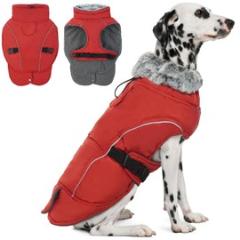 DENTRUN Extra Large Warm Dog Jacket - Windproof Water Repellent Reflective Coat, Adjustable Plush Turtleneck, Easy Wear Fleece Lined Cold Weather Vest for Great Dane, Red, XXXL