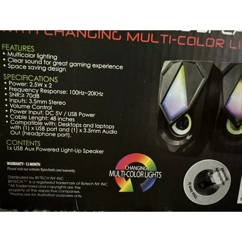 BYTECH COMPUTER GAMING SPEAKERS WITH CHANGING RGB MULTI-COLOR LED LIGHTS