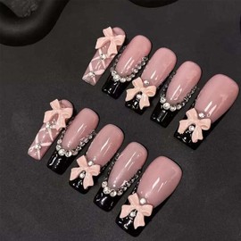 10Pcs Handmade Press On Nails Long Square Fake Nails Bow With Rhinestone Design French Tip False Nails Reusable Stick On Nail Acrylic Glue On Nail For Women (SIZE:S)
