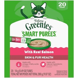 Greenies Feline Smart Purees Skin & Fur Health Lickable Cat Treats with Real Salmon, 0.49 oz. Tubes, 20 Count