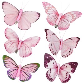 YCHTEWY-Feather Fake Butterfly for Craft Decoration Set of 12 with Clip Pink Wedding Home Flower Pot Christmas Party Spring Home Decor Floral