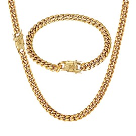 putouzip Miami Cuban Link Chain Set For Men 18K Gold Plated Stainless Steel 6mm Womens Bracelet Necklace Diamond Chains(18inch,6mm Lock Chain Set)