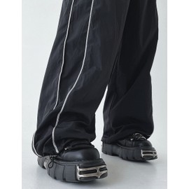 Springrain Womens Wide Leg Track Pants Slouchy Stripe Detail Jogger Sweatpants with Pockets(Black-M)