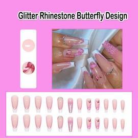 ANDGING French Tip Coffin Medium Pink Fake Nails with Ombre Glitter Rhinestone Butterfly Design, 24pcs (12 Sets) Acrylic Press-on Nails, Included