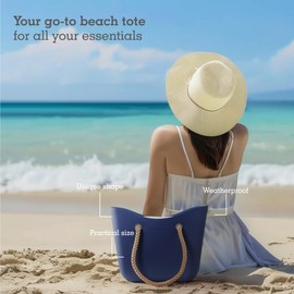 Brook + Bay Beach Rubber Tote Bag with Zipper - Travel Beach Bags - Waterproof Sand Proof Bag for Women - Navy Blue