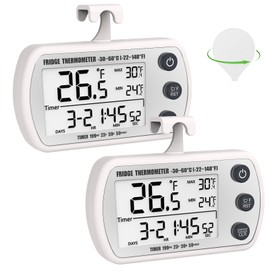Digital Refrigerator Thermometer 2 Pack, Waterproof Fridge Thermometer, 2.25IN Large Screen Freezer Thermometer, Max/Min Record Function,Timer Function(White)