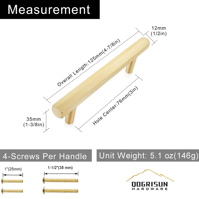 QOGRISUN 2-Pack Solid Brass Cabinet Pulls Hexagon Drawer Handles, 3-Inch