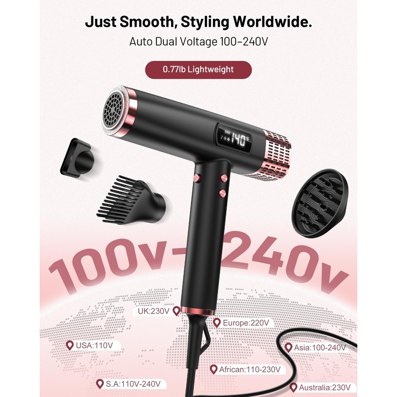 Hair Dryer with Diffuser, Dual Voltage Travel Blow Dryer,0.77 lb