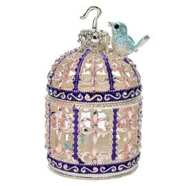 FJ FENGZHIJIE Silver Bird Cage Jewelry Box Crystal Enameled Hand-Painted Hinged Trinket Box, Elegant Home Décor & Unique Gift for Bird Lovers