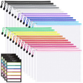 Sooez 24 Pack Mesh Zipper Pouch with Sticky Labels, A4 Mesh Bags for Board Game Puzzles Organization Storage, Durable Letter Size File Folders Organizer for Teacher School Classroom Office Supplies