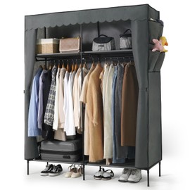 CAPHAUS 55-Inch Clothing Rack with Cover, Portable Closet Wardrobe, Covered Garment Rack for Hanging Clothes, 190LB Capacity Heavy-Duty Metal Frame Clothes Organizer Rack with Storage Shelves