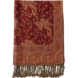 Paisley Flowers Borders Pattern Pashmina Silk Scarf Shawl Wrap Blanket Reversible Comfortable With Fringes (6-Rust Camel)