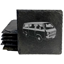 VW Bus Adventure: Set of Rustic Slate Coasters with Laser-Etched Vintage Volkswagen Design - Unique Home Decor for the Travel Enthusiast! - Square Slate - set of 4