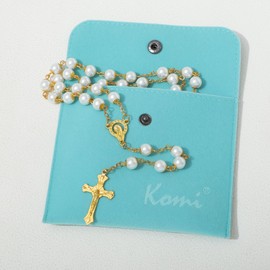 KOMI 8MM White Glass Pearl Rosary Beads for Women with Gold Crucifix, First Communion Gifts with Velvet Bag Catholic Rosary Necklace