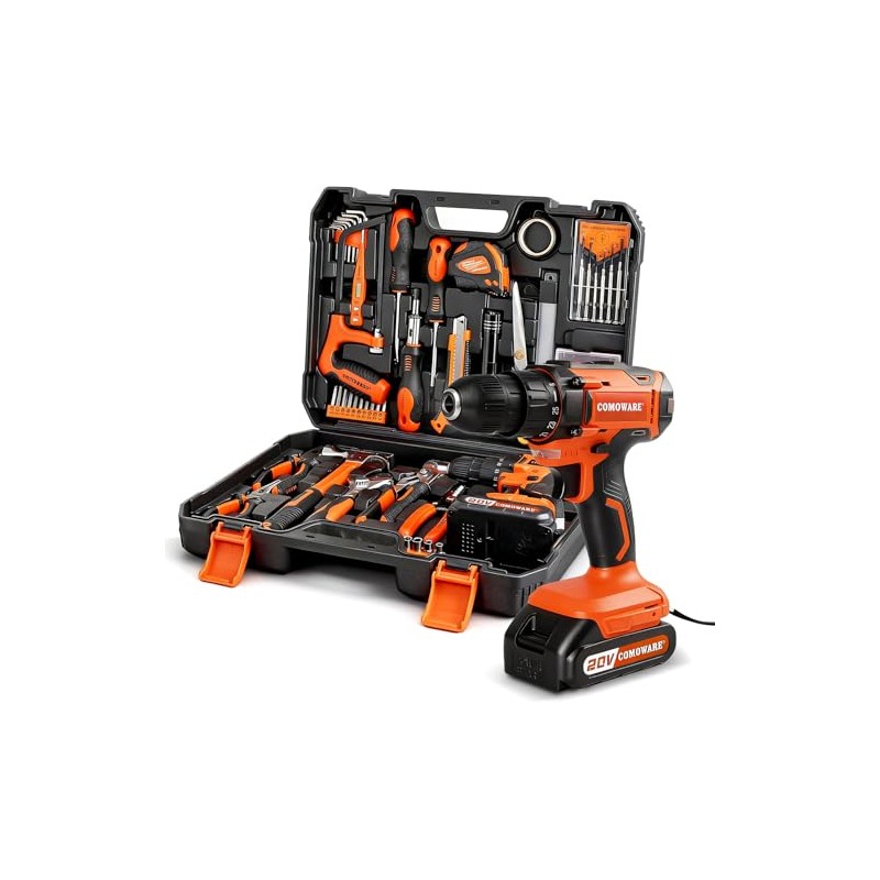 COMOWARE Household Tool Set with 20V Cordless Drill Driver, 120Pcs