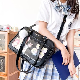 TTCAYU kawaii Ita Bag Pin Display Purse with Pin Mesh Insert Anime Crossbody Handbag Japanese Shoulder JK Purse (black-A)