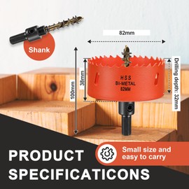 82mm Hole Saw Drill Bit for Wood and Metal, Bi-Metal Circular Hole Cutter with 11mm Hexagon Shank Arbour, for cutting Cast Iron, Aluminium, Plywood, Acrylic, PVC/UPVC