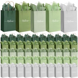 Kolldenn 50 Set Sage Green Christmas Wedding Welcome Bags Bulk with Handles and Tissue Paper 8.6"×5.9"×3.2" Church Welcome Bag Paper Goodie Gift Bag for Guests Birthday Baby Shower Bridal Party