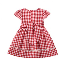 Girl Short Sleeve Plaid Dress Summer Party Cotton Casual Red Check Swing Dress with Belt Baby to Big Girl 1-12Y