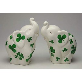 Fine Ceramic Shamrock Prints Design Lucky Trunk Up Elephant Salt & Pepper Shakers Set, 3-1/2" H