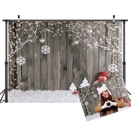 LYWYGG 8X6FT Christmas Background Christmas Backdrop Snow Floor Photo Backgrounds Wooden Wall Photography Backdrops for Child CP-70-0806