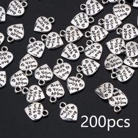 HERZWILD 200pcs Heart Charm Pendants ， Antique Silver Made with Love charm for Jewelry Making Necklace Bracelet Making Accessory (silver)