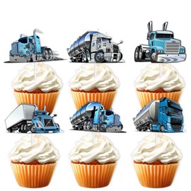 18pcs Blue Glitter Dessert Cupcake Topper Truck Car Transportation Vehicle Theme Decor Supplies Baby Shower Boys Girls Happy Birthday Party Decorations