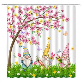 Cherry Blossom Shower Curtain Pink Watercolor Flower Cute Gnome Elf Butterfly Floral Nature Spring 70" WX70 H Bathroom Decor Fabric Curtain with Hooks