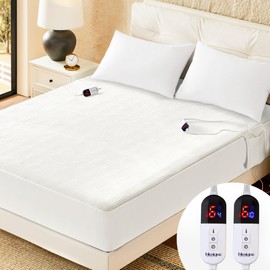 blunique Electric Heated Mattress Pad King Size Dual Control Bed Warmer, Deep Pocket, Side Storage Pouch for Controller, Machine Washable, Waffle Jacquard, 78"x80", White