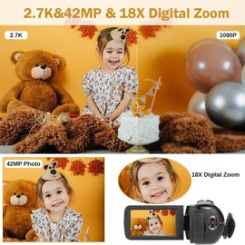 HAQJWMZC Video Camera Camcorder, Full HD 2.7K Camcorder 42MP 18X Digital Video Camera for YouTube, 3.0 Inch IPS Screen Vlogging Camera Recorder with Remote Control and Battery