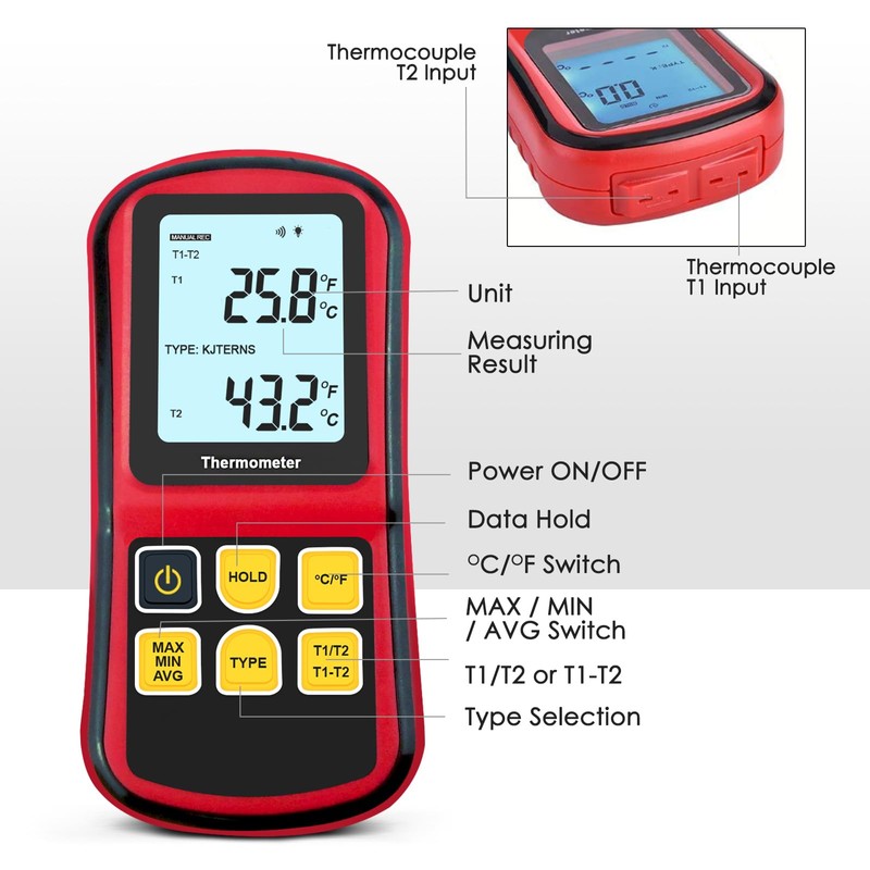 JuviPerpric Thermocouple Thermometer Digital K Type Thermometer,Dual Channel Thermocouple Tester(-238~3212℉)