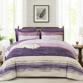 WONGS BEDDING 7 Piece Queen Comforter Set, Purple Striped Queen Size Bedding Set for All Season, Boho Soft and Breathable Bed in a Bag with Comforter, Flat Sheet, Fitted Sheet, Pillowcases & Shams