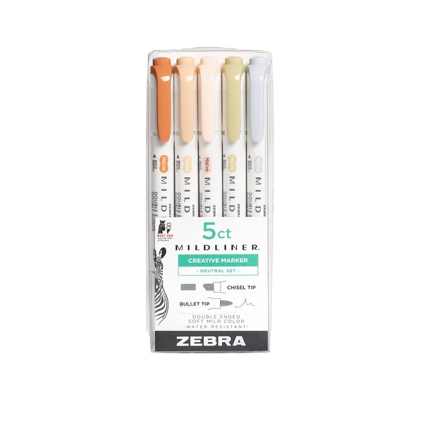 Zebra Pen Mildliner Double Ended Highlighter Set, Broad and Fine Point Tips, Assorted Neutral Vintage Ink Colors, 5-Pack