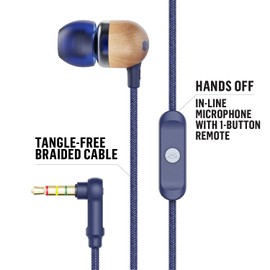 House of Marley Smile Jamaica In-Ear Headphones - Sustainably Crafted, Eco-Friendly, Noise Isolating Wired Earphones, 9.2mm Driver, Tangle-Free Cable, 1 Button Microphone Control - Denim