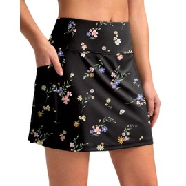 G Gradual Women's 16" Swim Skirt with Pockets High Waisted Tummy Control Modest Swimsuit Bathing Suit Bottoms for Women(Black Floral,S)