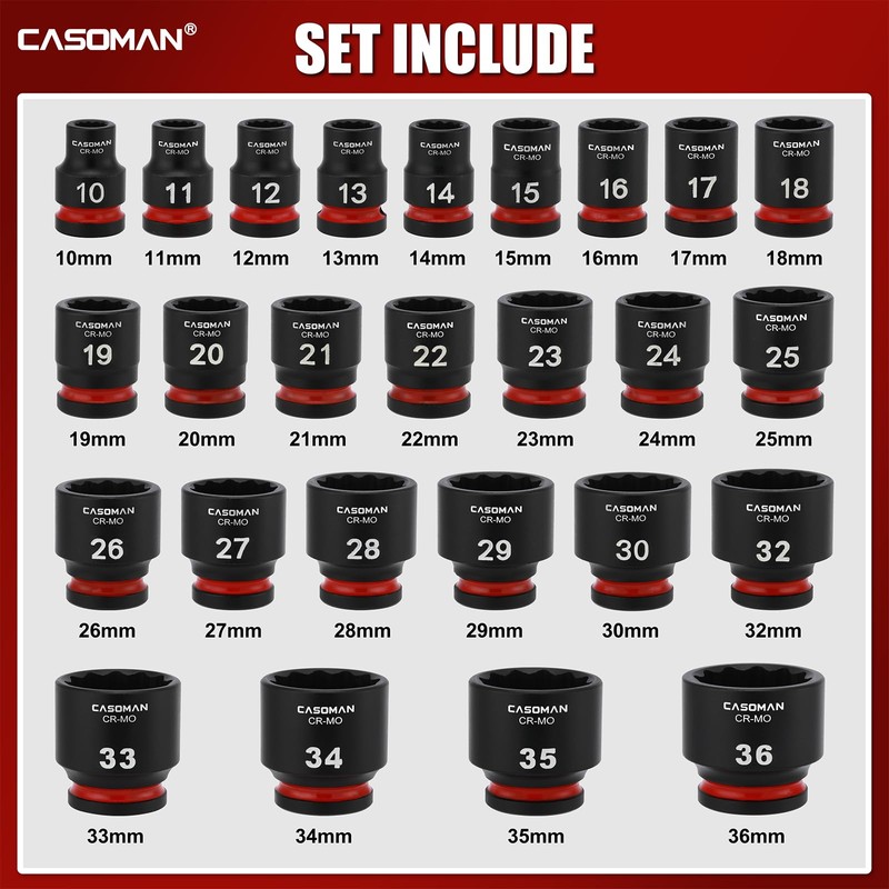CASOMAN 26-Piece 1/2" Drive Standard Impact Socket Set, 12-Point, Metric,